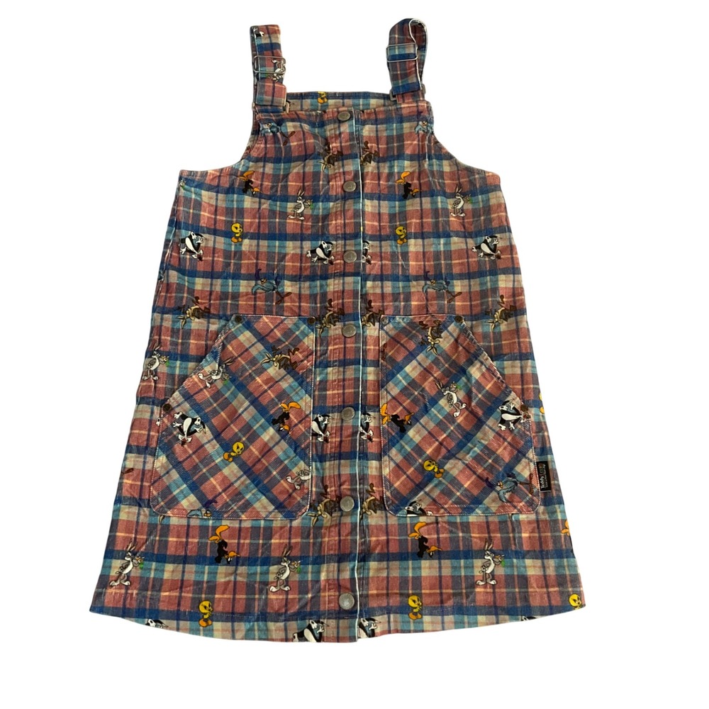 Teddy Fresh Looney Tunes Overalls Dress Womens Small Multi Plaid Corduroy